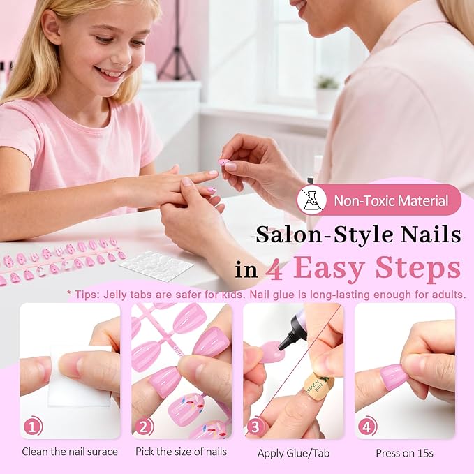 16 Sizes Press on Nails Kit for Kids - 32 Pieces French Almond Fake Nail Tips for Girls 8-12 Years Old with Jelly Nail Adhesives & No-Lamp Nail Glue, Birthday Christmas Gifts (Pink Ice Cream)