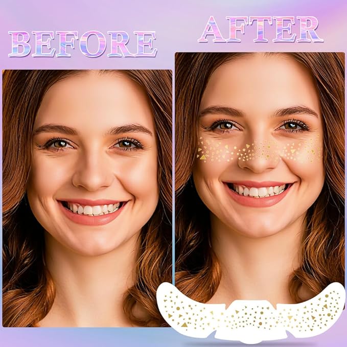 Glitter Freckles Face Tattoo for Women - 12 Unique Gold Sparkle Patches, Waterproof Temporary Freckle Stickers for Festival, Rave & Makeup Glow-up