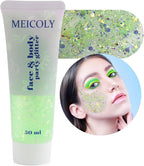MEICOLY Lime Green Body Glitter,Chunky Chameleon Face Glitter for Halloween Alien Makeup,Color Changing Mermaid Face Glitter Gel,Holographic Glitter for Face Body Hair,Festival Party Cheer Glitter