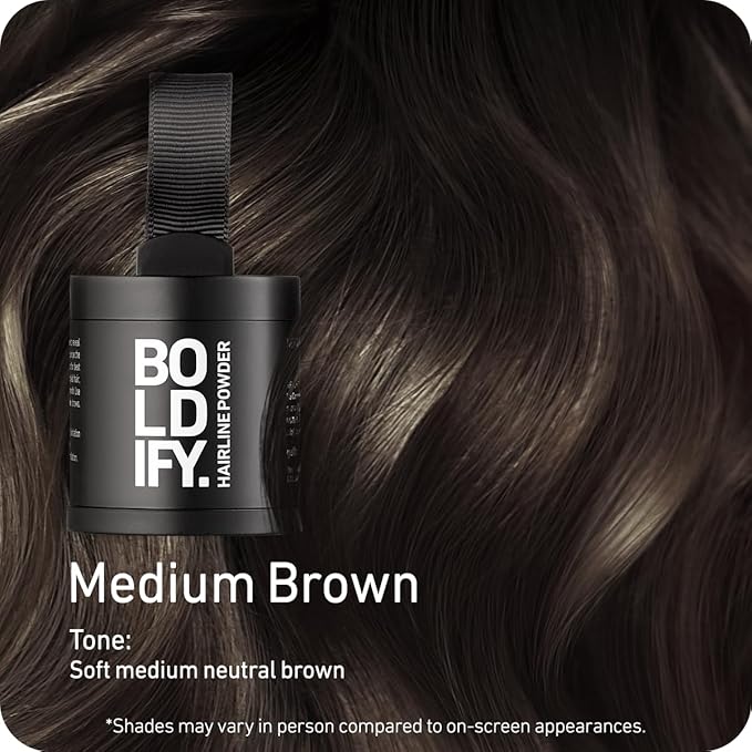 BOLDIFY Hairline Powder (LARGE, 10g) - Root Touch Up Hair Color for Gray Coverage - Bald Spot Concealing Hair Powder for Women & Men - 24-Hour Stain-Proof - Medium Brown