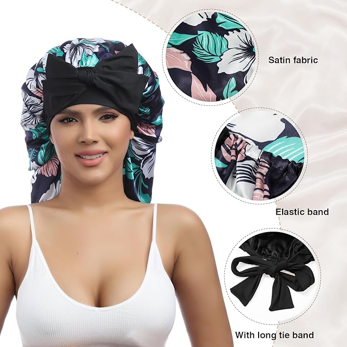 AWAYTR Long Satin Bonnet for Braids - Elastic Silk Hair Bonnets for Sleeping Night Cap Stretchy Tie Band for Women（Flower D）