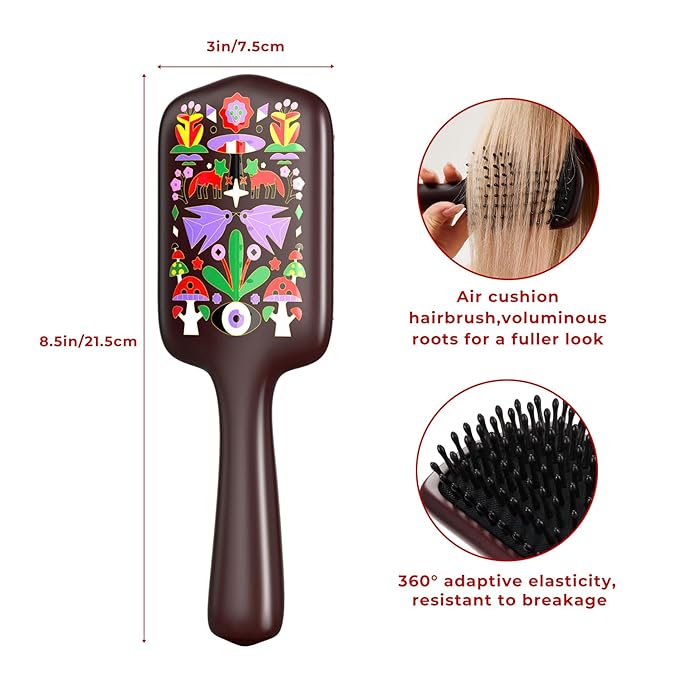 SIMETRA Wooden Paddle Hair Brush Unique Pattern Guinean Ovangkol Hardwood Bristles Hair Brushes for Women Wet Brush Detangling Brush for Scalp Massage for Men Kids for All Hair Types (Fox)