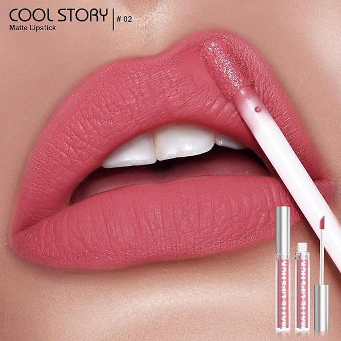 COOL STORY Matte Lip Stain Tint Highly Pigmented Color Long-Lasting Waterproof Rose Kiss (02)