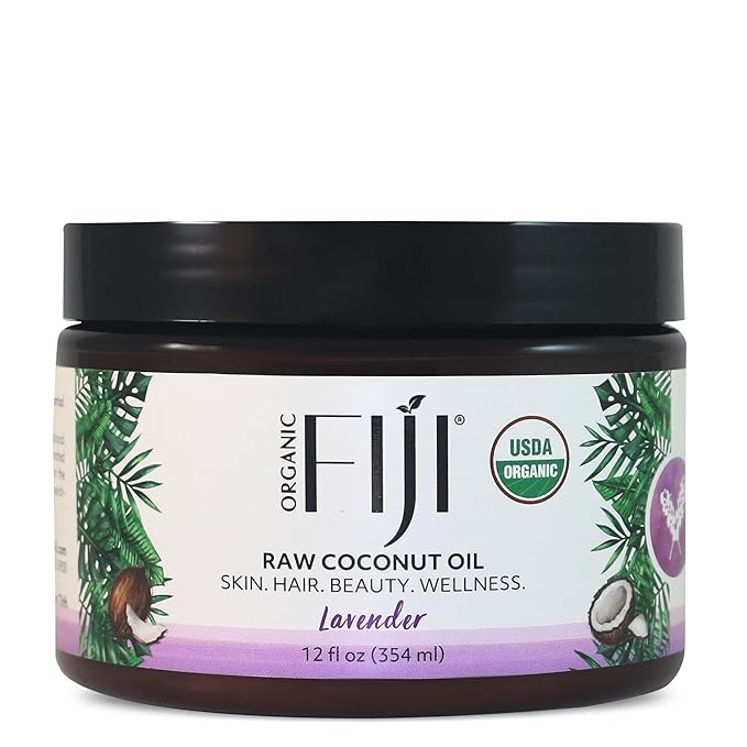 Organic Fiji Raw Cold Pressed Coconut Oil for Hair, Skin, Face & Body | Relaxing Massage Oil | Lavender,12 oz for Women Men & Baby
