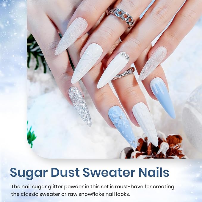Beetles Christmas Gel Nail Polish Set 5 Winter Colors Dark Blue Glitter White Light Blue Silver Gel Polish with Sealing Gel Sugar Dust Powder Nail Sticker UV LED Needed Gifts for Women Sparkling Snow