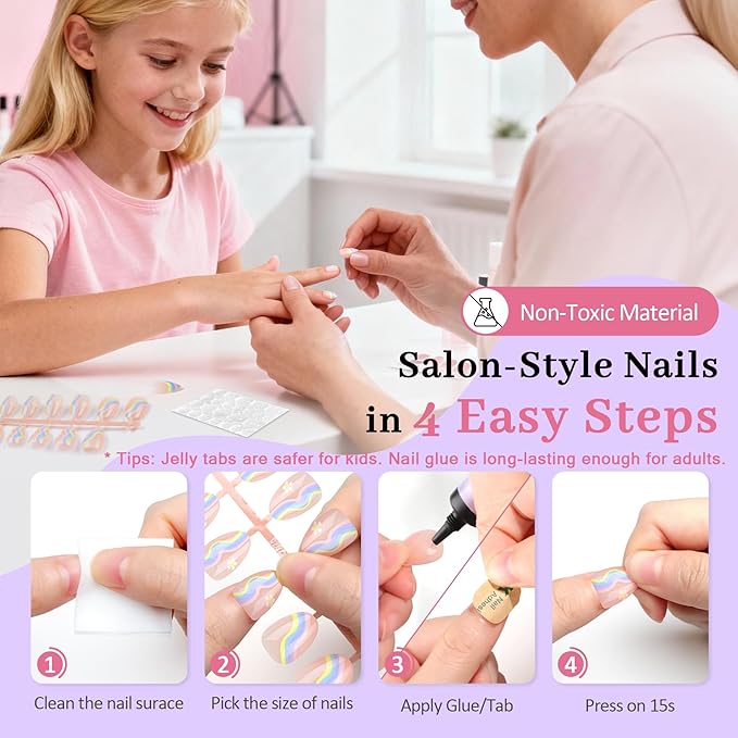 16 Sizes Press on Nails Kit for Kids - 32 Pieces French Almond Fake Nail Tips for Girls 8-12 Years Old with Jelly Nail Adhesives & No-Lamp Nail Glue, Birthday Christmas Gifts (Rainbow Flower)