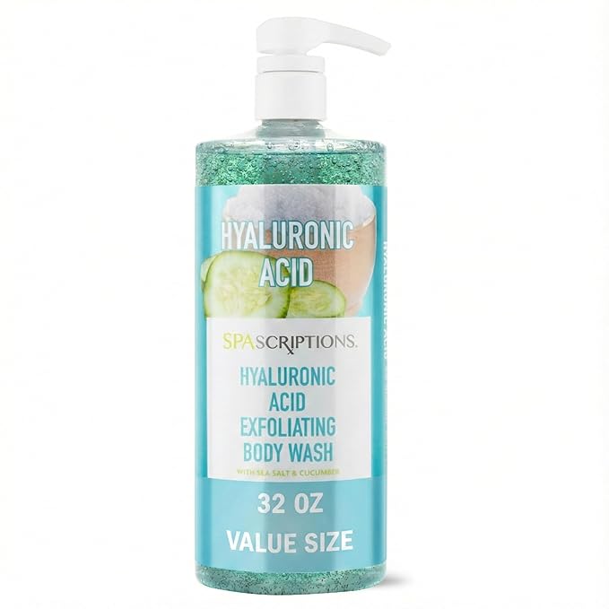 SpaScriptions Exfoliating Hyaluronic Acid Body Wash - 32 fl oz, Scented Moisturizing Body Wash with Sea Salt for Soft Glowing Skin, Gentle Natural Daily Cleanser Body Scrub, PH Balanced, Paraben Free
