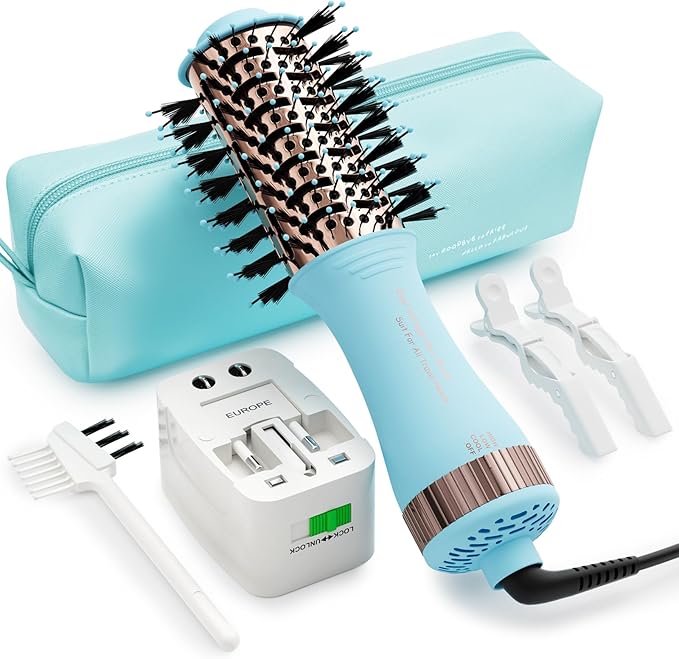 Travel Size Hair Dryer Dual Voltage Hair Styler, 110-240V 2 Inch Oval Jet Brush, Blow Dryer with Universal Adapter for Worldwide Use