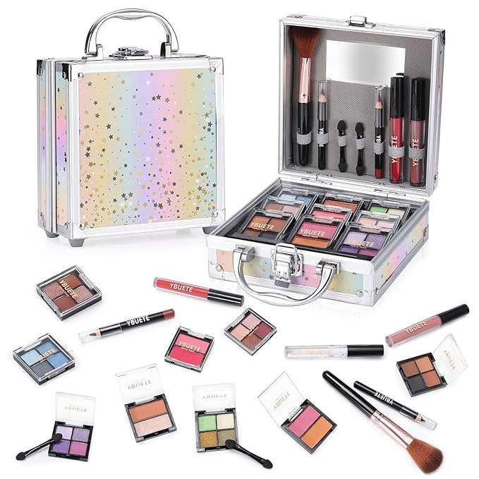 Beginner Makeup Set for Teen Girl Women, Makeup Present for Her, Makeup Kit with Cosmetic Train Case Contained Eyeshadow Blush Lip Gloss and Oil Lip Liner Eyeliner Brushes Mirror (Pink)