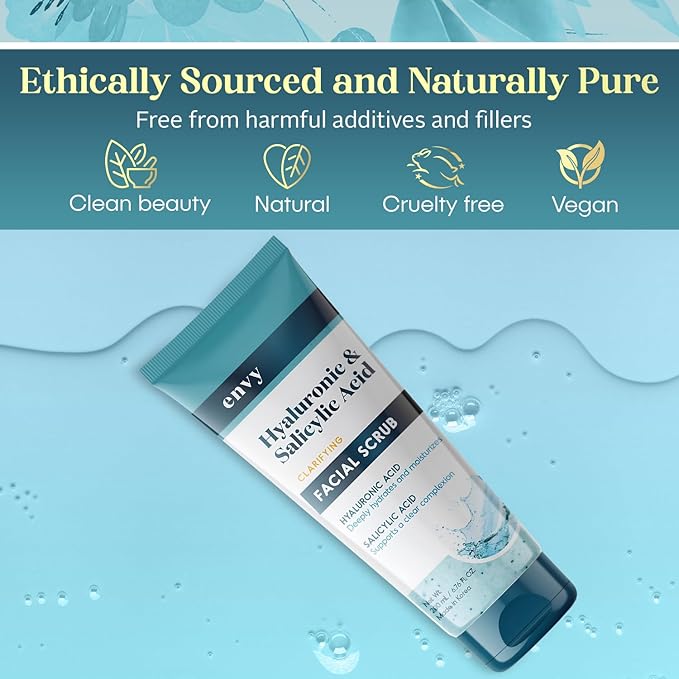 Envy Hyaluronic Acid & Salicylic Acid Face Scrub - Hydrating, Moisturizing & Anti-Aging Facial Exfoliating Scrub - Dermatologist Tested, Clean Beauty for All Skin Types - 6.76 Oz