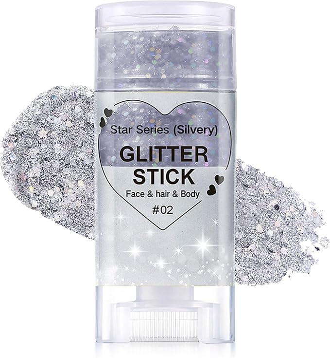 Silver Body Glitter Stick, Halloween Face Glitter Makeup,Holographic Hair Glitters Mermaid Makeup Rave Outfits for Women, Shimmer Face Paint Stick for Christmas (Silver)