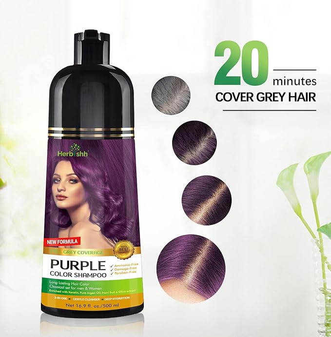 Herbishh Magic Hair Dye Shampoo – Colors Gray Hair in Minutes – Long Lasting – 500 Ml – 3-In-1 Ammonia-Free Color Treatment (Purple)