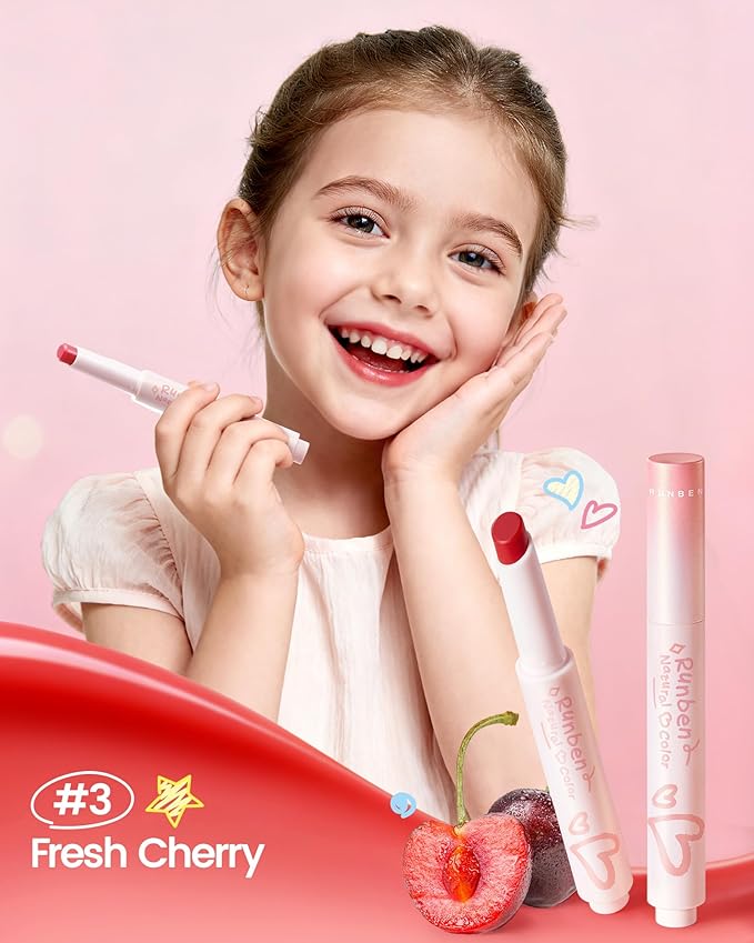 RUNBEN Kids Tinted Lip Balm, Fresh Cherry Lips Gloss, 24H Moisturizing, Safe & Non-toxic Lipstick for Kids & Teen, Christmas Makeup Gift for Girls, 2g
