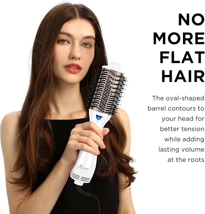 Aima Beauty Blow Dryer Brush - Ionic Ceramic Hot Air Brush for Frizz-Free Straightening & Voluminous Blowout, 2.3‘’/ 60mm Oval Barrel with Nylon Bristles, 360 Surrounded Vent, 3 Heat Settings, White