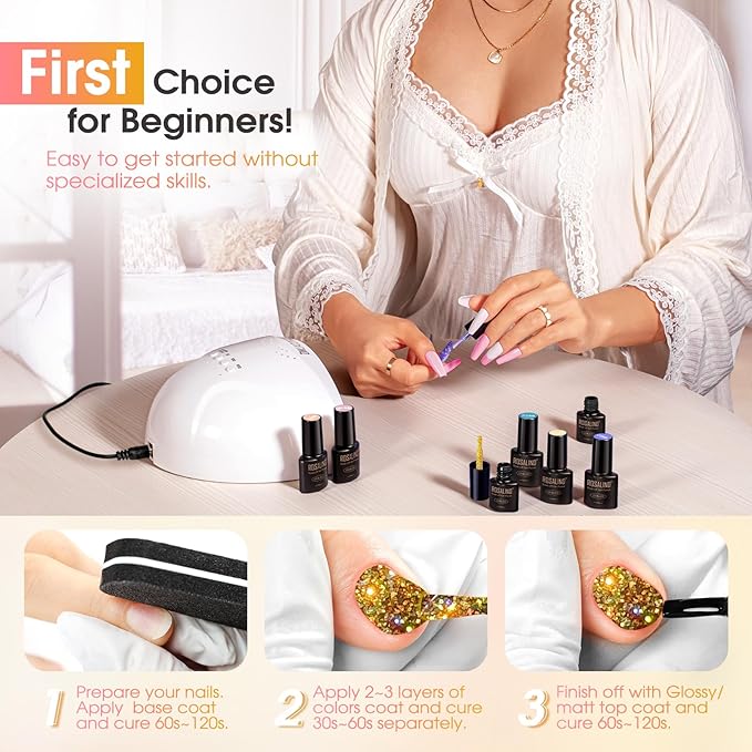 ROSALIND Glitter Gel Nail Polish, 8 Color Gold Glitter Gel Polish Sparkle Diamond Effect Sparkling Collection Soak Off Led Nail Art DIY Salon Gifts For Women