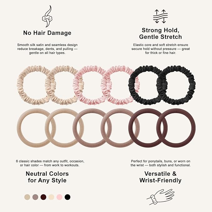 12Pcs Silk Scrunchies Hair Ties Set, No Damage Cotton Seamless Hair Bands for Women & Girls, 2.36 Inches Large Nylon Ponytail Holders