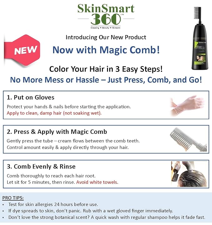 SkinSmart 360® No-Stain Hair Dye Shampoo – Full Gray Coverage for Men & Women, 3-in-1 Color + Cleanse + Condition, Natural Ingredients, Easy No-Mix Formula, 200 mL (Natural Black + Magic Comb)