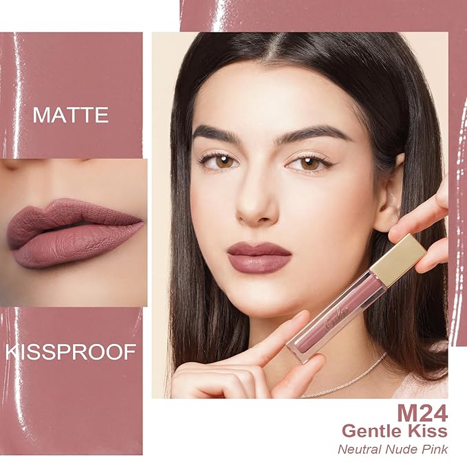 Oulac Matte Liquid Pink Lipstick for Women, Pink Nude Long Lasting Lipstick, Waterproof Lip Stain, No Transfer, Creamy High Pigmented Formula with Vitamin E, Vegan & Cruelty-Free M24