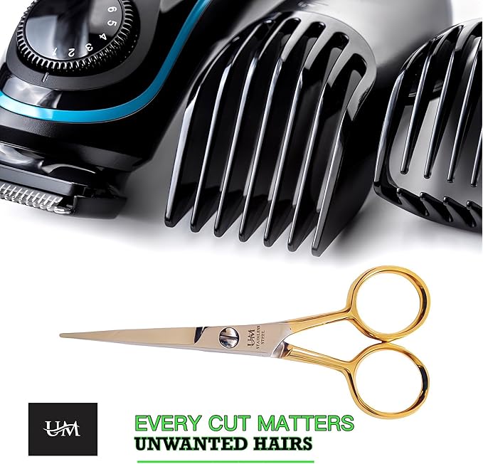 UM Supplies Hair Scissors | Premium Shears For Hair Cutting | Professional Barber Scissors with smooth Razor I Haircut Scissors For SalonIWomen Mens|kidsIPets (Silver) (SILVER-GOLD 4.5)