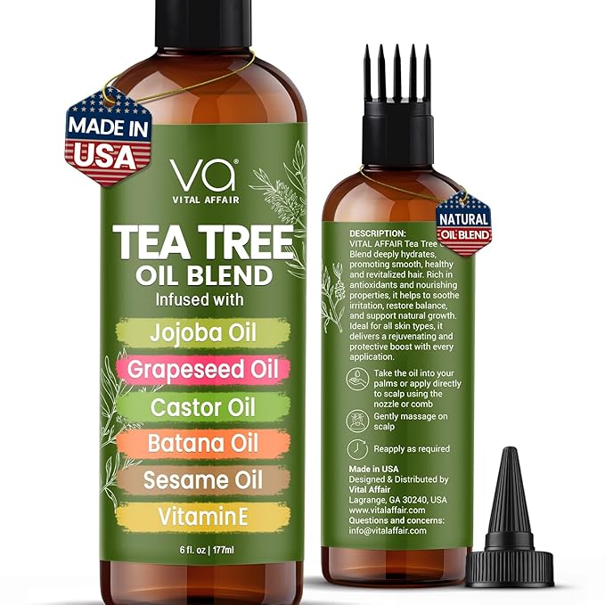 VITAL AFFAIR Tea Tree Oil For Hair With Jojoba, Castor, Batana Oil - Tea Tree Hair And Scalp Treatment - Hair Oil For Dandruff - Helps Strengthen, Volumize & Promotes Hair Growth - 6 Fl Oz