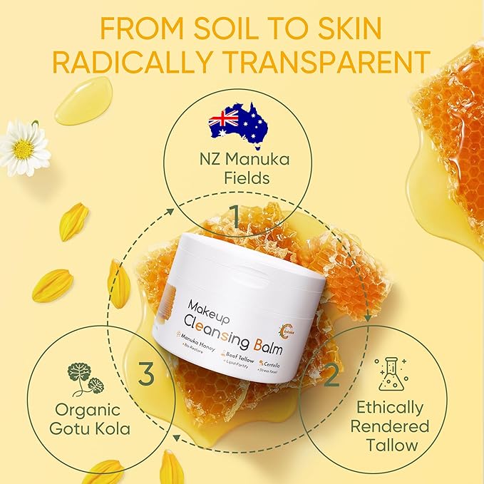 Grocerism Cleansing Balm Makeup Remover, Manuka Honey & Grass-Fed Tallow with Soothing Cica (Centella), Melts Waterproof Mascara & SPF, Non-Comedogenic for Sensitive Dry Skin & Eyes, 3.53 Oz