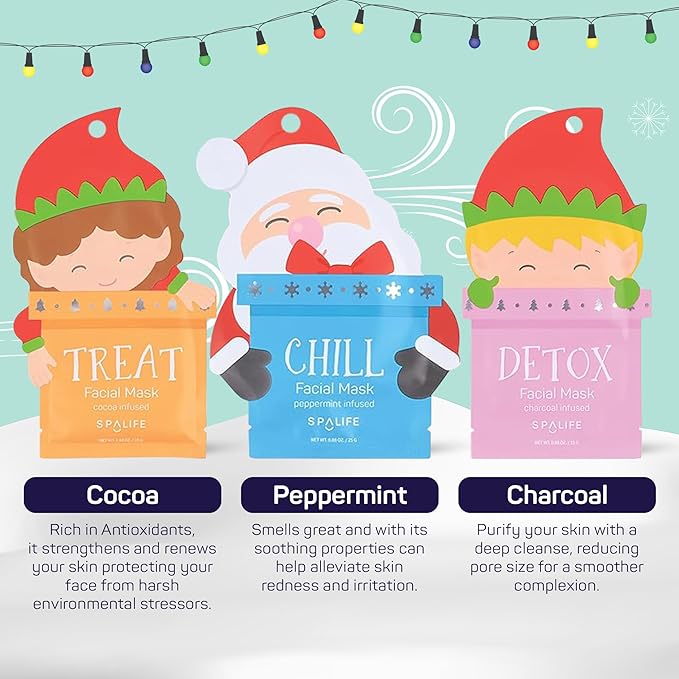 SpaLife Beauty Santa’s Squad Christmas Face Mask Bundle | Korean Facial Masks | Hydrating, Soothing, Complexion Enhancing and Firming Sheet Mask Set | Christmas Gifts for Women | 12 Pack