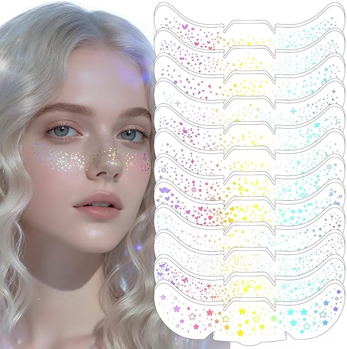 24pcs Glitter Freckles Makeup Patches-Holographic-Face Glitter Speckles, Sparkle Speckles Patches for Women, Glitter Face Freckles Tattoo, Cute Sparkling Fake Freckles,Party Festival Decorations