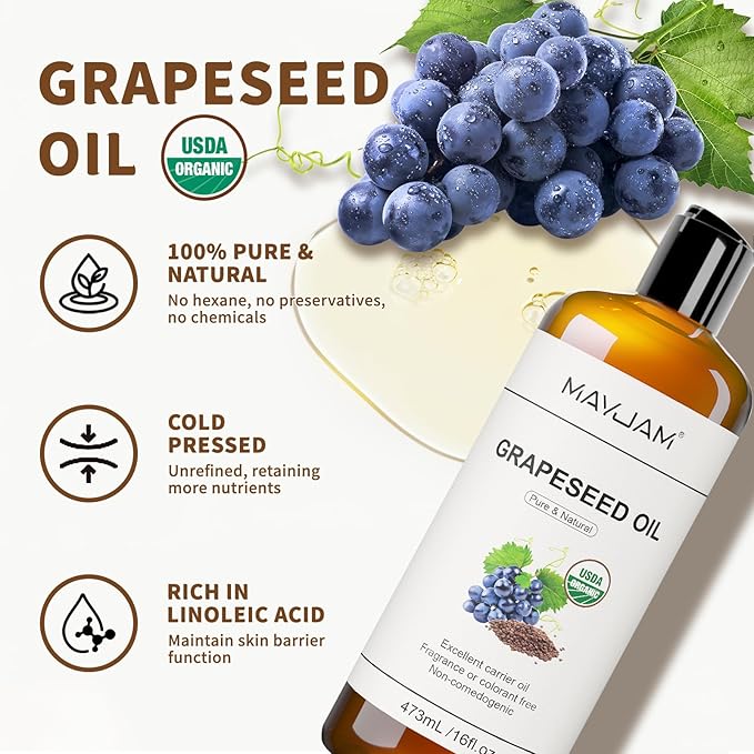 MAYJAM Organic Grapeseed Oil for Skin & Hair 16 oz, USDA Certified 100% Pure & Natural Grape Seed Oils, Cold Pressed Body Massage Carrier Oil for Skin Face Essential Oils Mixing, Hexane Free