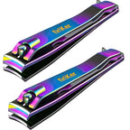 2PCS Stainless Steel Nail Clippers,Rainbow Fingernail Clipper and Toenail Clipper, Wide Easy Press Lever Nail Cutter with Swing Out Nail Cleaner/File for Men and Women