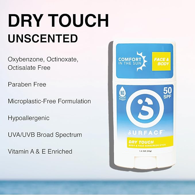 Surface Sunscreen Stick SPF 50 for Face and Body, Broad Spectrum UVA UVB Sun Protection for Kids and Adults, Non Greasy, Travel Friendly, Water Resistant for 80 Minutes, Fragrance Free, 1.5oz