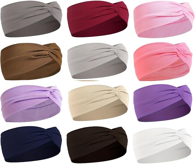 12 Pcs Stretchy Sport Headbands for Women,Absorbed Sport Headband Soft Twist Knotted Headbands for Yoga, Workout Daily Life