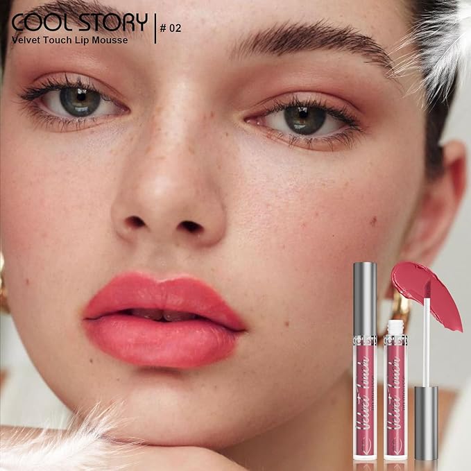 COOL STORY Velvet Lip Stain Mousse, Lip Tint Long-Lasting Waterproof Matte Finish (02)
