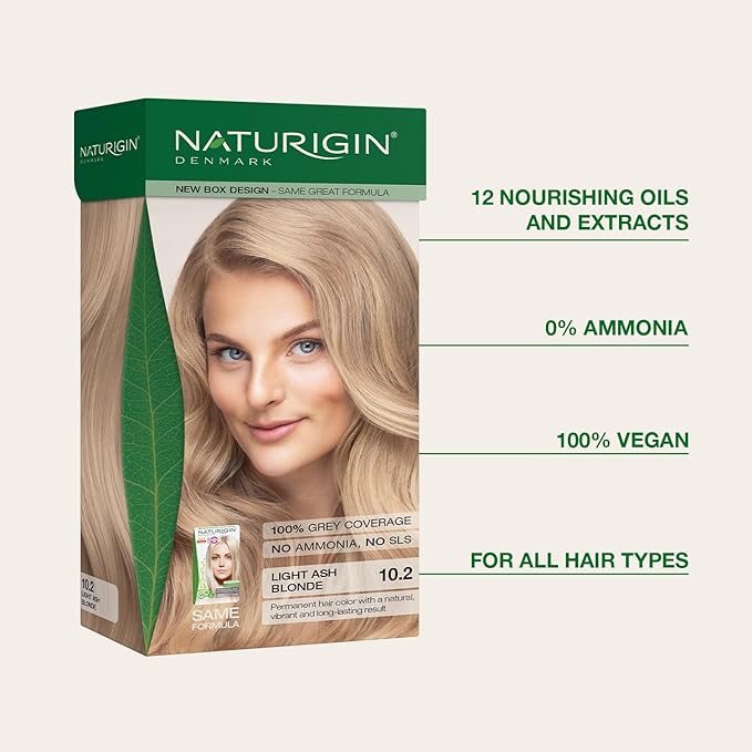 Naturigin Permanent Hair Color for Women - 10.2A Light Ash Blonde, Ammonia-Free Vegan Hair Dye with 100% Gray Coverage, Long-Lasting, Nourishing & Salon Quality Results