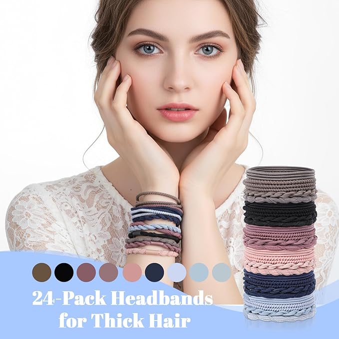24PCS Ponytail Holders for Thick & Thin Hair, Multicolor Boho Seamless Elastic Hair Ties No Damage Elastics Soft Rubber Bands Hairties for Women Girls, Light Blue/Blue/Gray/Skin/Gray/Coffee