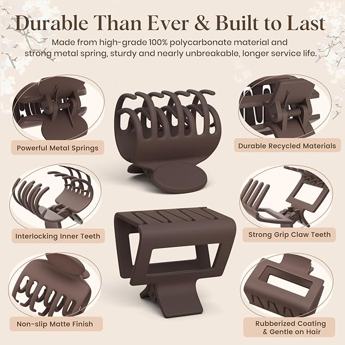8 Pcs Medium Hair Clips for Women Girls - 2 Styles Rectangle and Double Row Teeth Small Claw Clips for Thin Fine Thick Hair, Matte Non-slip Strong Hold Jaw Clips Hair Accessories, Brown