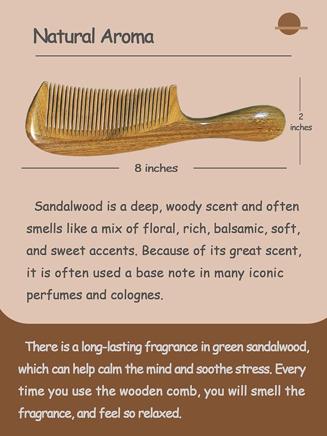 Sharp Fine Tooth Green Sandalwood Comb with Handle - Wooden Thin Hair Detangler Brush for Smoothing & Precision Hair Styling (Anti-Static & Durable)