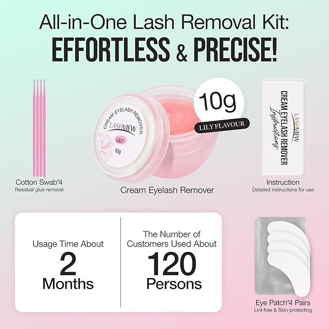 LASHVIEW Eyelash Extension Remover Cream Gentle Lily Formula, Lash Removal Kit with Eye Patches & Cotton Swabs(10g)
