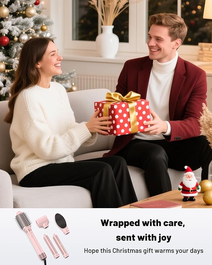 Dual Voltage Hot Air Styler Wrap - 5 in 1 Hair Dryer Brush with Fast Drying Blow Dryer, Styling, Straightening & Volumizing with Travel Bag (100V–240V) Gift for Women (Pink)