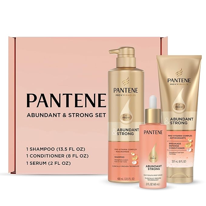 Pantene Abundant & Strong 3-Piece Regimen with B5 Complex + Niacinamide, Shampoo (13.5 oz), Conditioner (8 oz), Serum (2 oz) for Hair Loss, Thinning, Anti-Breakage, Volume - Grows Healthier
