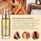 Body Shimmer Oil, Metallic Gold Natural Glow Luminizer, Long Lasting Waterproof Moisturizing Liquid Illuminator Highlighter Makeup for a Sun-Kissed Glow, Brush Include, 1oz, Light