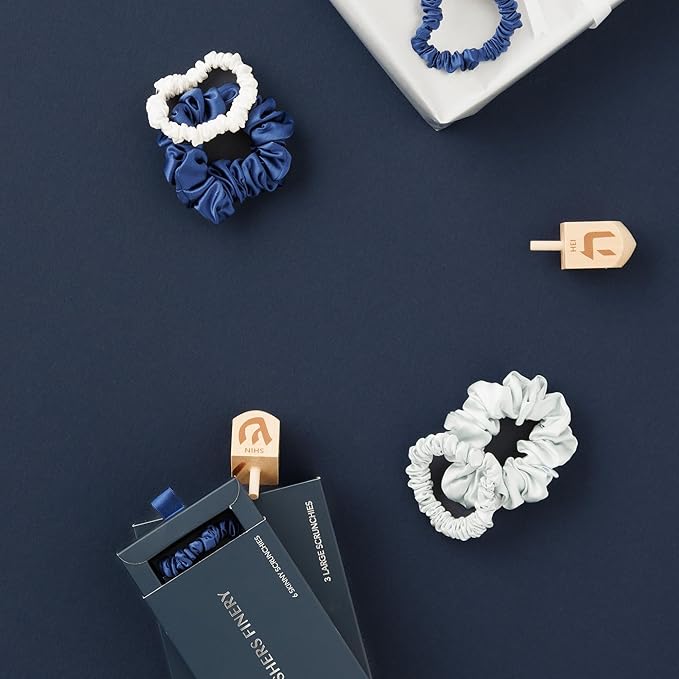 Fishers Finery 25 Momme Pure Mulberry Silk Skinny Scrunchies - Hanukkah Gift (Navy|Light Blue|White- 6 Pk)