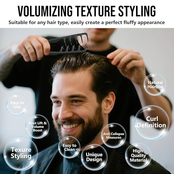 Volumizing Texture Comb, Wide-Tooth Hair Styling Comb for Men & Women, Fluffy Curly Texture Roots Volume Combs, Bangs Seam Grooming Styling Tool, Black