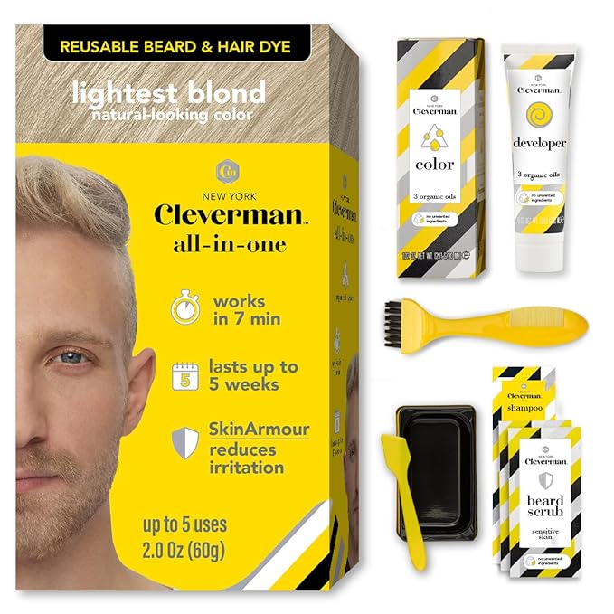CLEVERMAN Lightest Blond Hair & Beard Dye for Men, All-in-One Reusable Kit - Men's Color For Natural-Looking Gray Coverage, Professional-Quality and Ammonia-Free