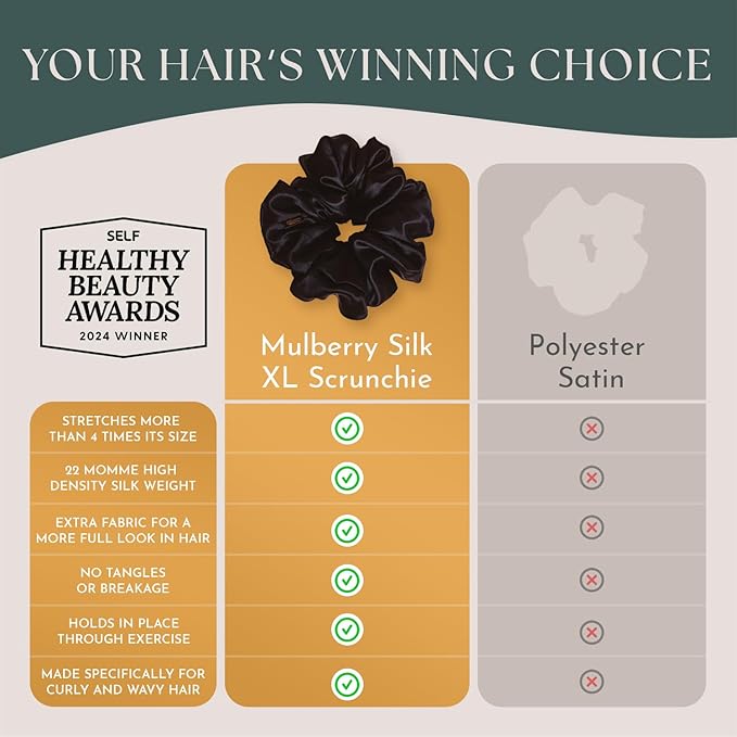 Silk Scrunchies Ponytail Holders – Oversized Mulberry Silk Scrunchies – Extra Large No Damage Hair Ties for Curly, Thick, and Thin - Hair Accessories for Women – Black & White, XL By Curlfriend