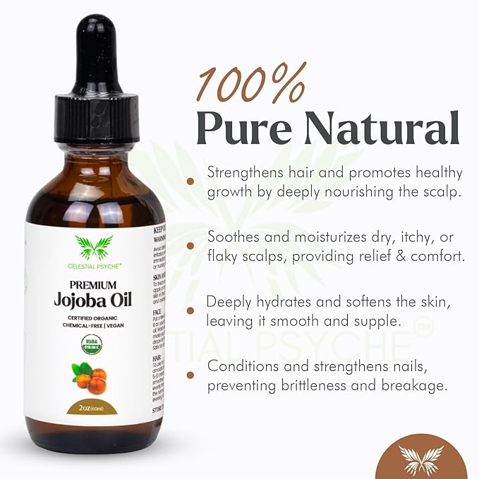 USDA Certified Organic Jojoba Oil (2 Oz) 100% Pure Natural, Chemical-Free, Hexane-Free, Hair Growth, Scalp Care, Skin Hydration, Nails Natural Beauty Enhancement, Anti-Aging