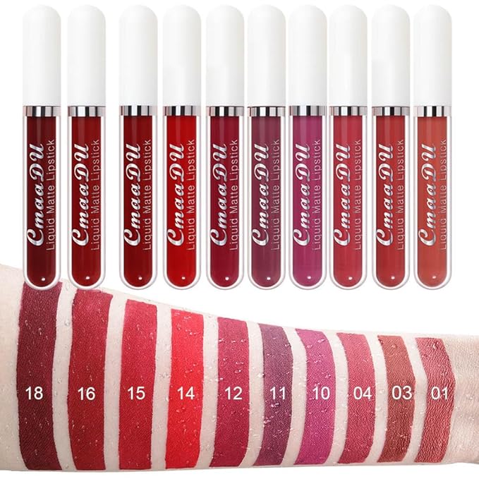 evpct 10Pcs Liquid Matte Matt Lipstick Set for Black Women, Dark Deep Bright Ruby Sexy Brick Mauve Plum Red Violet Purple Matte Lipstick Long Lasting Lipstick 24 hour Waterproof Lip Gloss