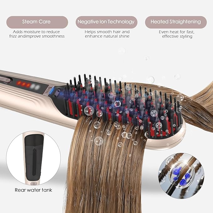 Tome Steam Hair Straightener Brush, 3-in-1 Ionic Straightening Comb with 2 Steam Levels, 3 Heat Settings (356°F–428°F), Dual Voltage 110-240V, Anti-Scald Design for Frizzy & Curly Hair Color Pink