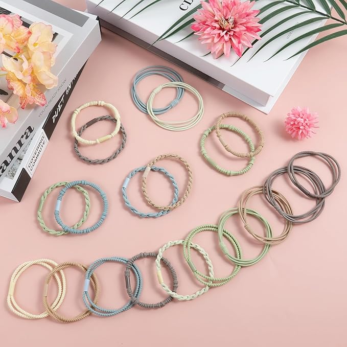 20 PCS Hair Ties and Bands, 4 Styles Cute Blue Boho Hair Accessories for Thick or Thin Hair - No Damage Elastic Bracelets with Beads for Girls and Women