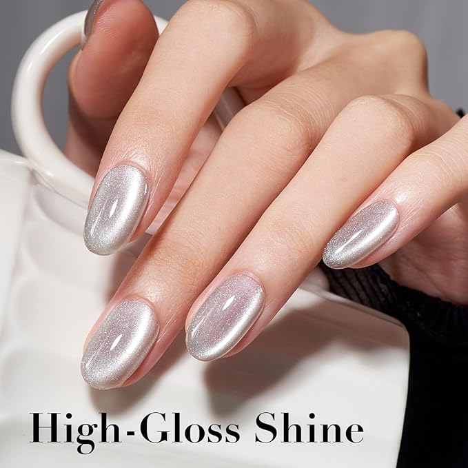 AZUREBEAUTY Cat Eye Nail Polish Fast Drying Silvery Glitter Top Coat Nail Polish Moonlight Natural Glassy Shine Salon Quality for Women Girl Gifts
