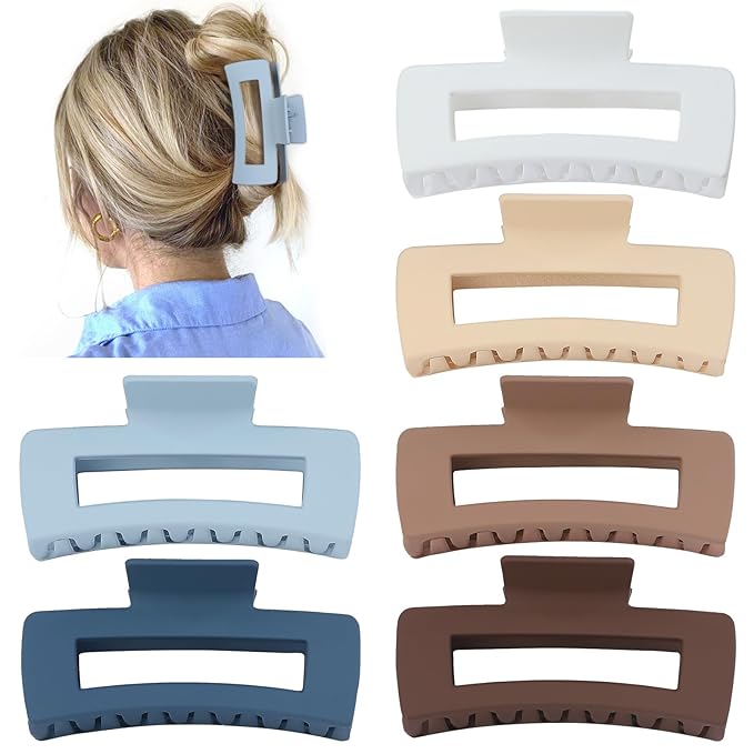 4 Inch Big Hair Claw Clips 6 Pcs Large Claw for Thick Hair Square Hair Clips for Women Rectangle Hair Clips Nonslip Acrylic Banana Jaw Clips Hair Accessories for Girls (Brown Blue)
